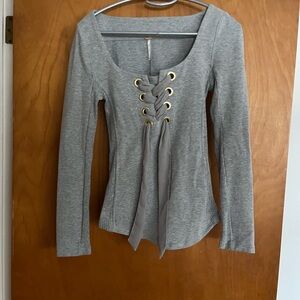 Free People Gray Long Sleeve Fitted Bodysuit with Tie Front